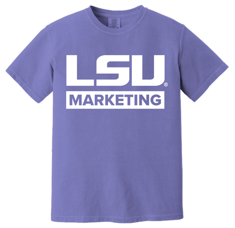 purple t-shirt with LSU Marketing in white
