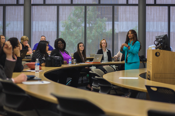 Sonja Wiley lectures in front of class