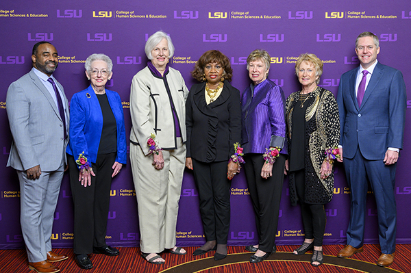 Photo of Hall of Distinction 2022 Honorees (from left to right) Roland Mitchell, Jackie Ducote, Carolyn Hargrave, Carolyn Collins, Laura Lindsay, D-D Breaux, Russell Mosely.