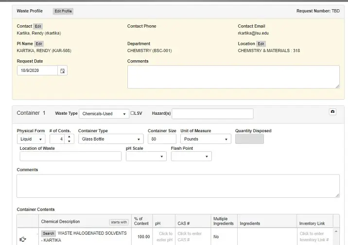 Summary screen of the waste request.