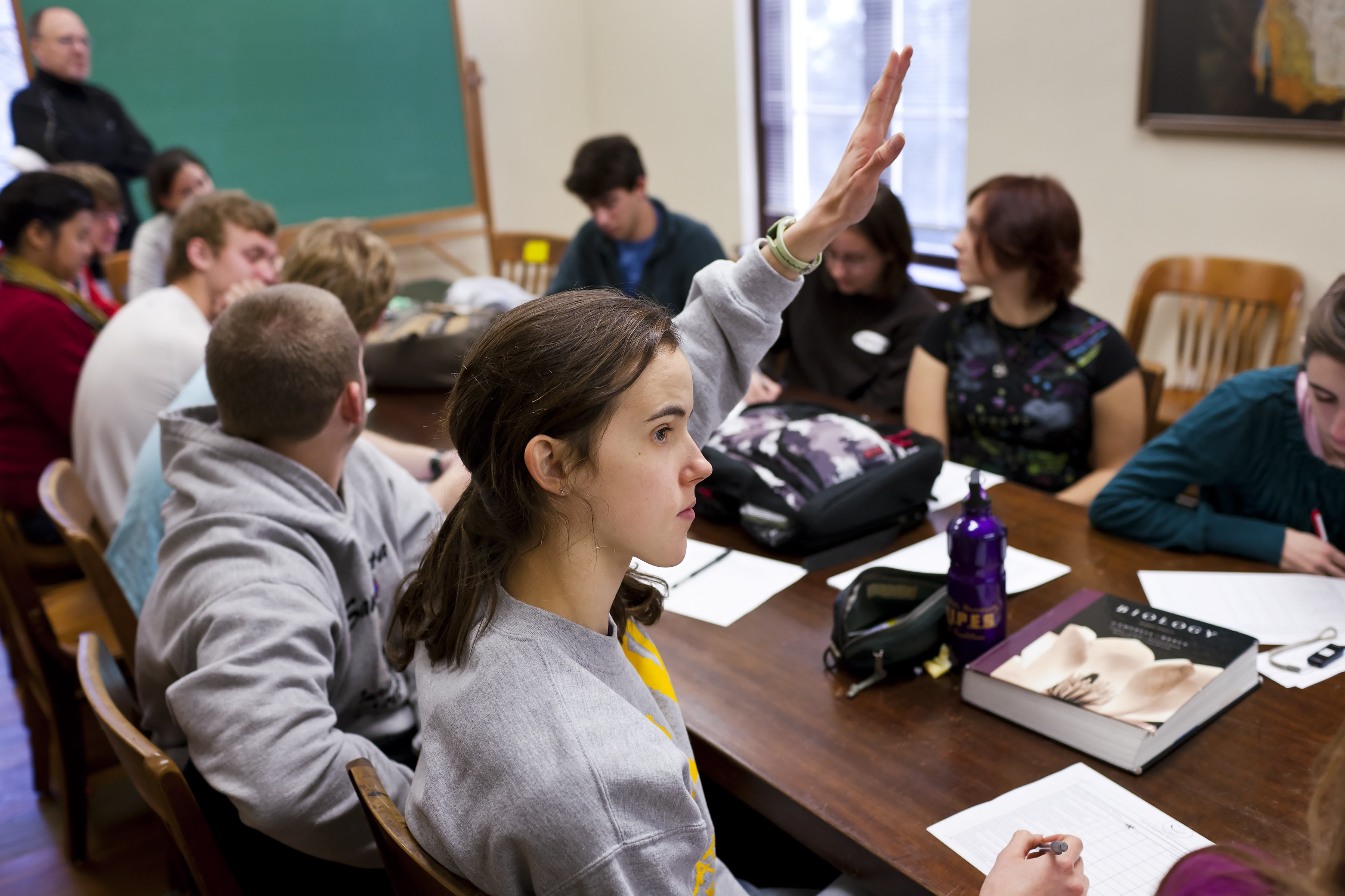 student raising their hand during an honors class